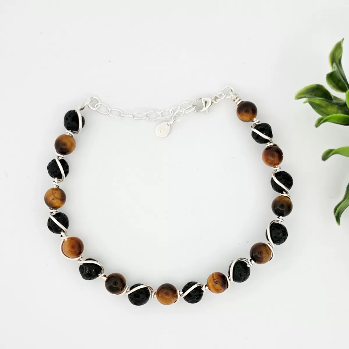 Bracelet Perles Pierre De Lave Et œil De Tigre - Fait Main En France, Taille Sur Mesure, Sans Fermoir